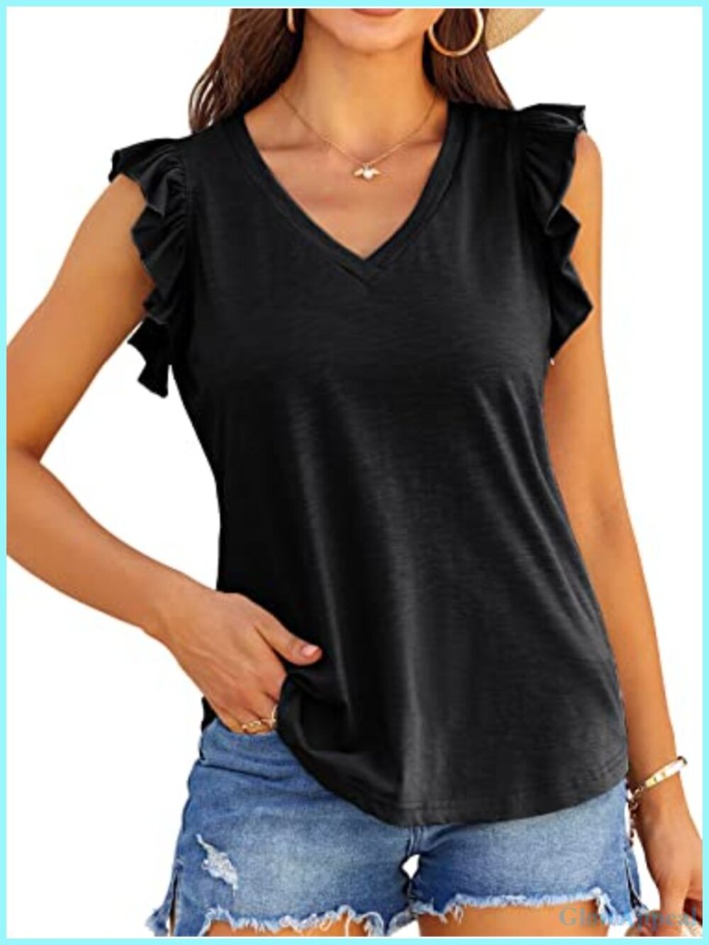 Women's Sleeveless V-Neck Ruffle Tank Top Summer Stretchy Rayon Spandex Blouse